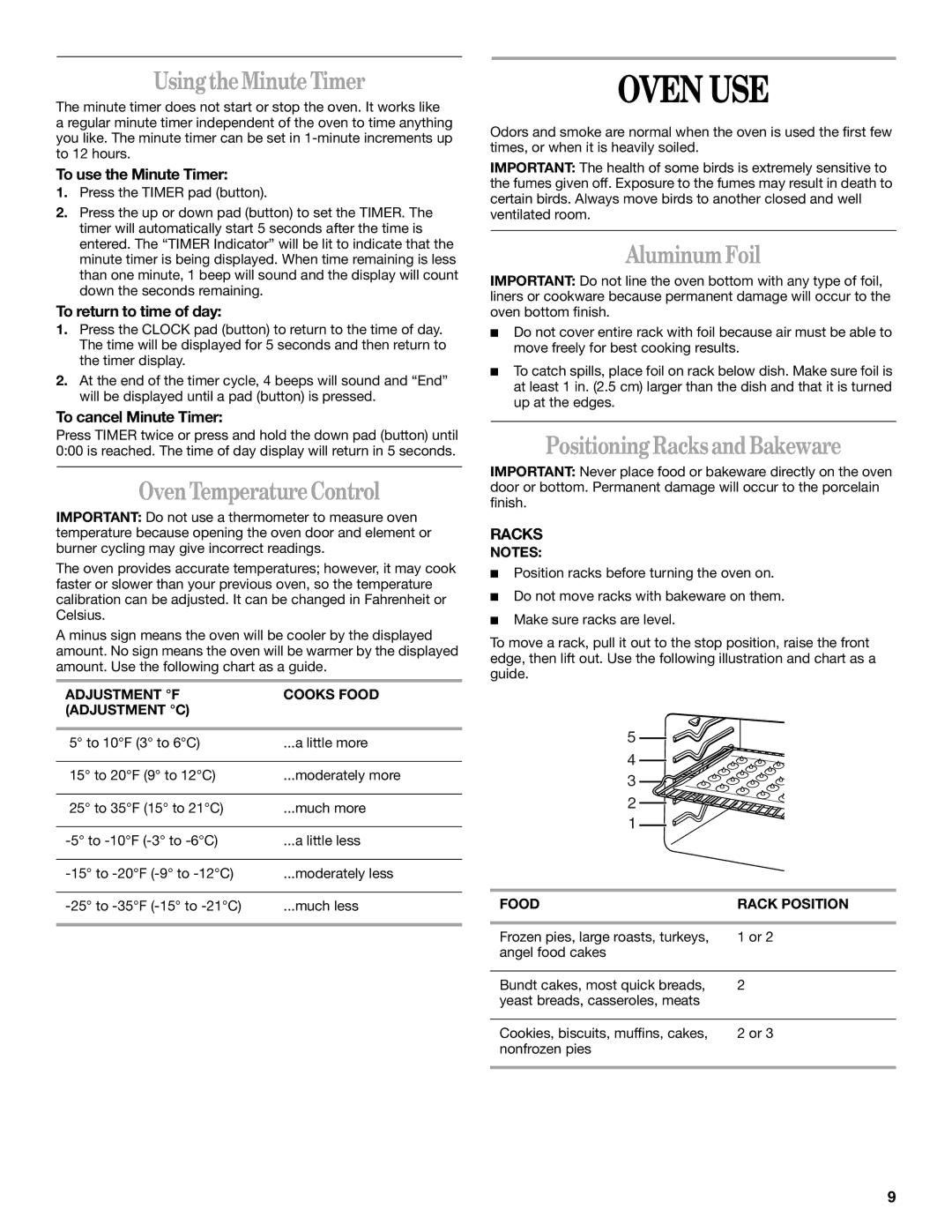 Whirlpool 9753313B manual Oven USE, Usingthe MinuteTimer, OvenTemperatureControl, AluminumFoil, PositioningRacksandBakeware 