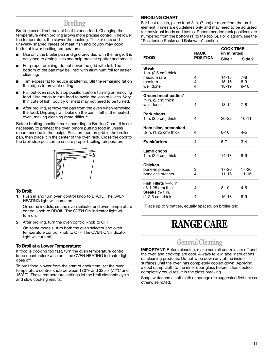 Whirlpool 9753313B manual Range Care, GeneralCleaning, To Broil at a Lower Temperature, Broiling Chart 