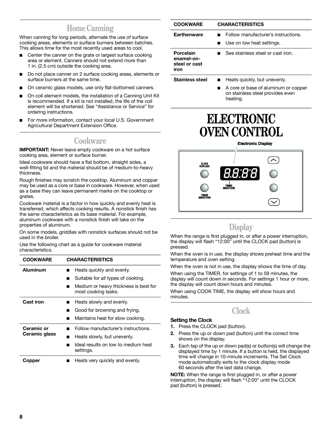 Whirlpool 9753313B manual Electronic Oven Control, Home Canning, Cookware, Display, Setting the Clock 
