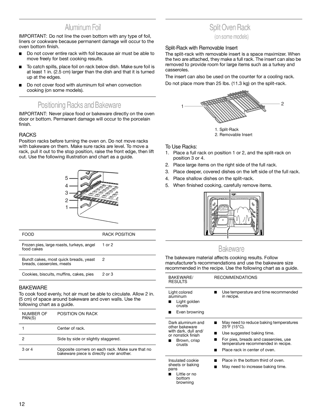 Whirlpool 9754384 manual Aluminum Foil, Positioning Racks and Bakeware, Split Oven Rack 