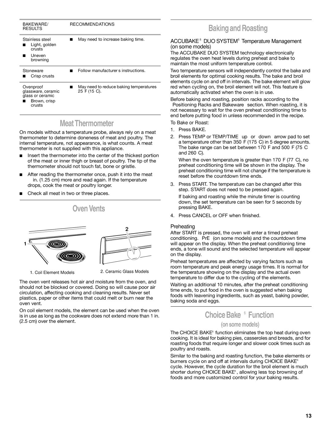 Whirlpool 9754384 manual Meat Thermometer, Oven Vents, Baking and Roasting, Choice Bake Function 