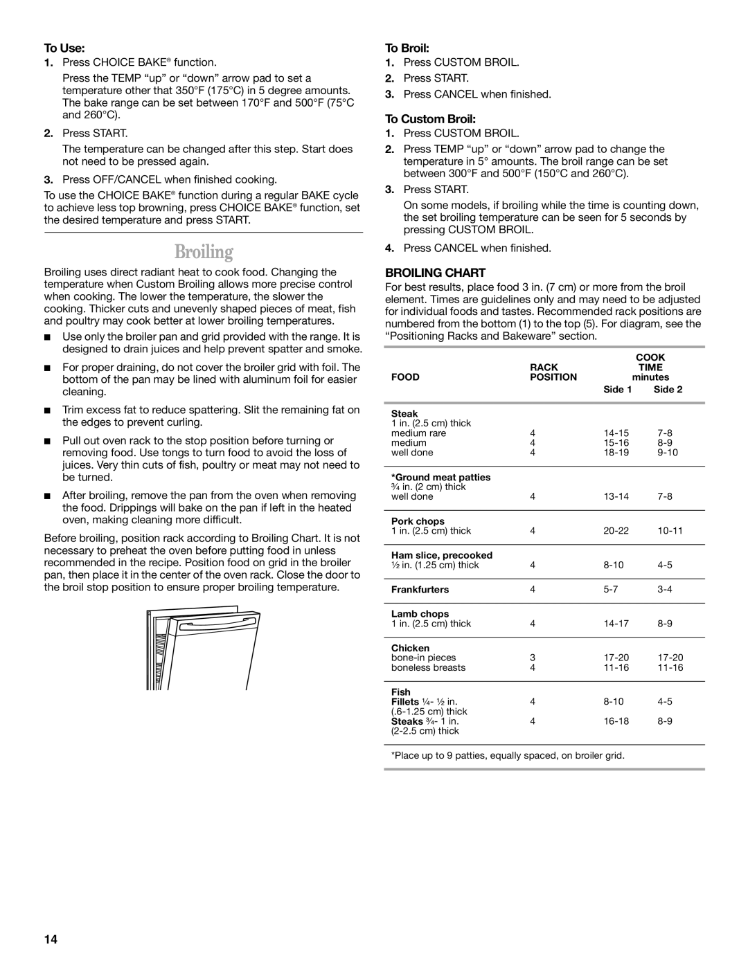 Whirlpool 9754384 manual To Broil, To Custom Broil, Broiling Chart 