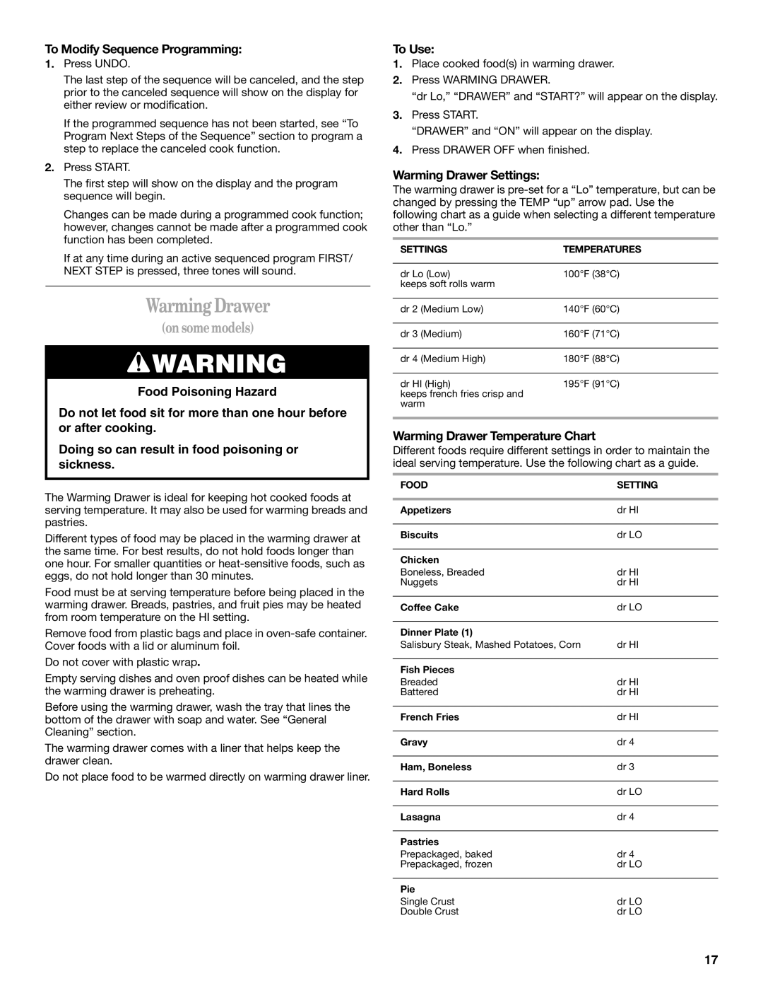 Whirlpool 9754384 manual To Modify Sequence Programming, Warming Drawer Settings, Warming Drawer Temperature Chart 