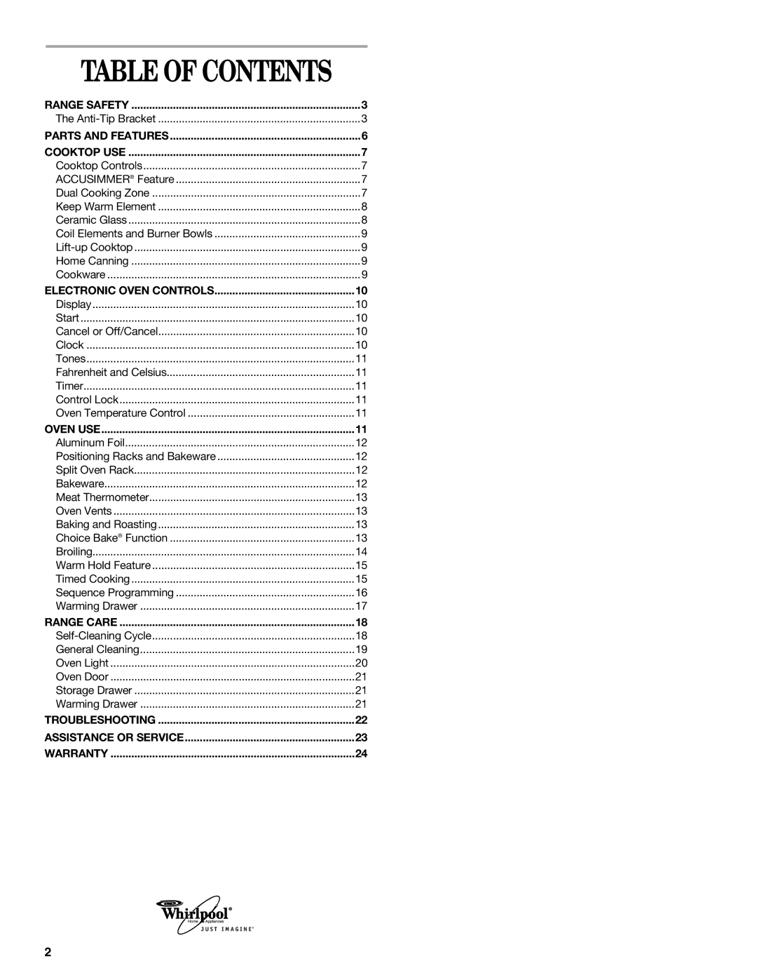 Whirlpool 9754384 manual Table of Contents 