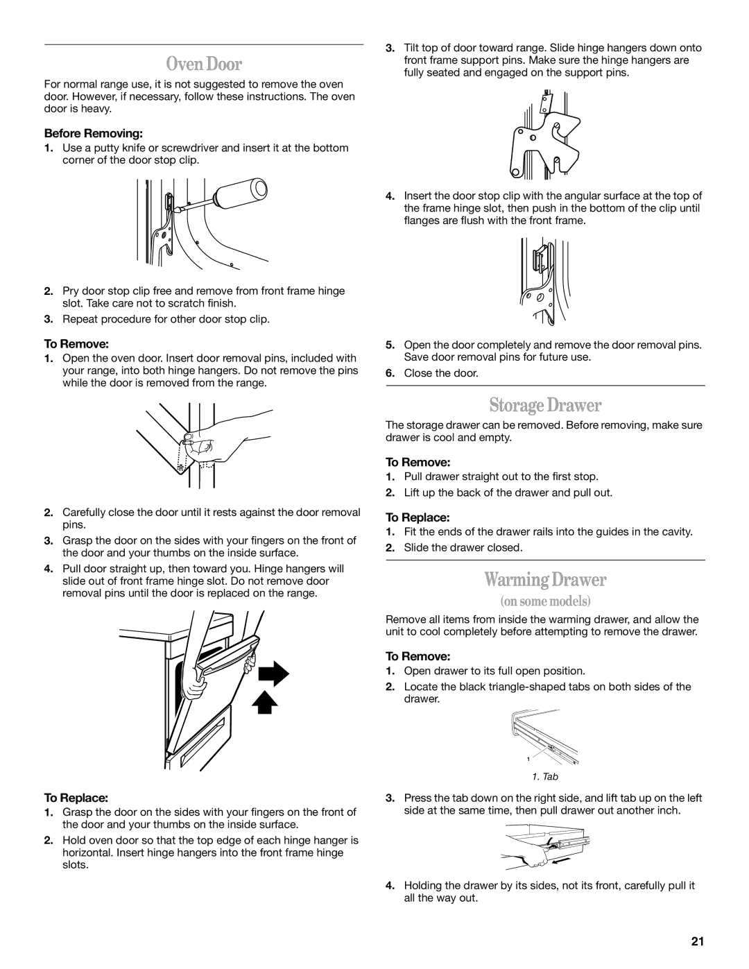 Whirlpool 9754384 manual Oven Door, Storage Drawer, Before Removing 