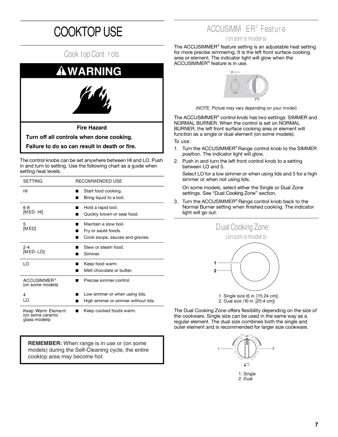 Whirlpool 9754384 manual Cooktop USE, Cooktop Controls, Accusimmer Feature, Dual Cooking Zone, To use 