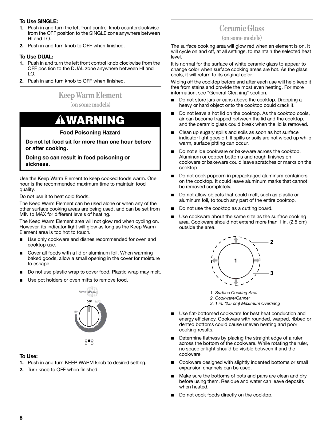 Whirlpool 9754384 manual Keep Warm Element, Ceramic Glass, To Use Single, To Use Dual 