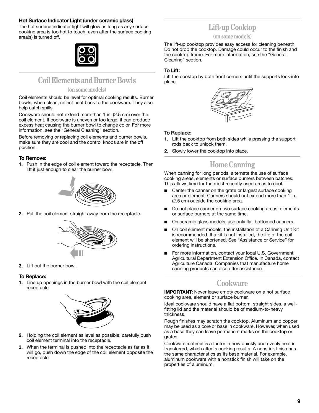 Whirlpool 9754384 manual Coil Elements and Burner Bowls, Lift-up Cooktop, Home Canning, Cookware 