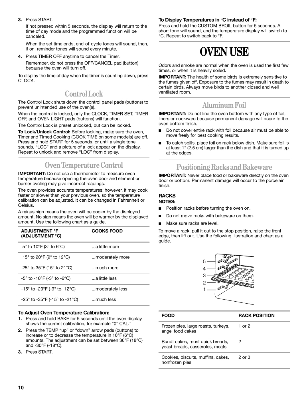 Whirlpool 9757454 manual Oven USE, ControlLock, AluminumFoil, OvenTemperatureControl, PositioningRacksandBakeware 