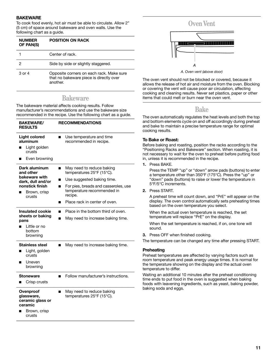 Whirlpool 9757454 manual Bakeware, OvenVent 