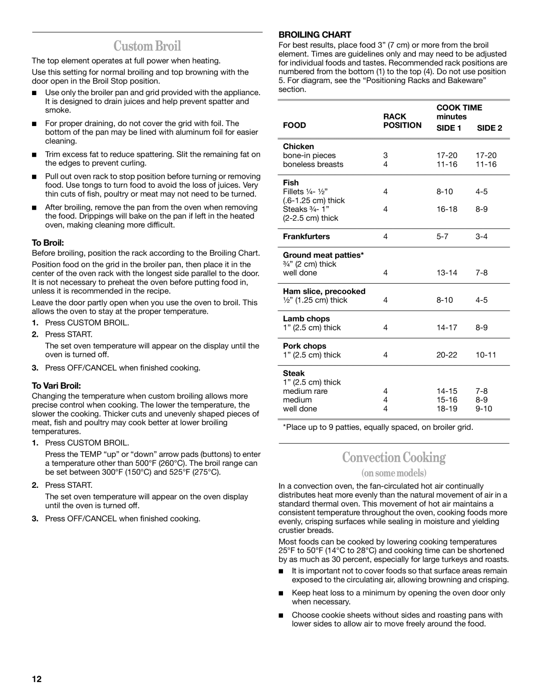 Whirlpool 9757454 manual CustomBroil, ConvectionCooking, To Broil, To Vari Broil, Broiling Chart 