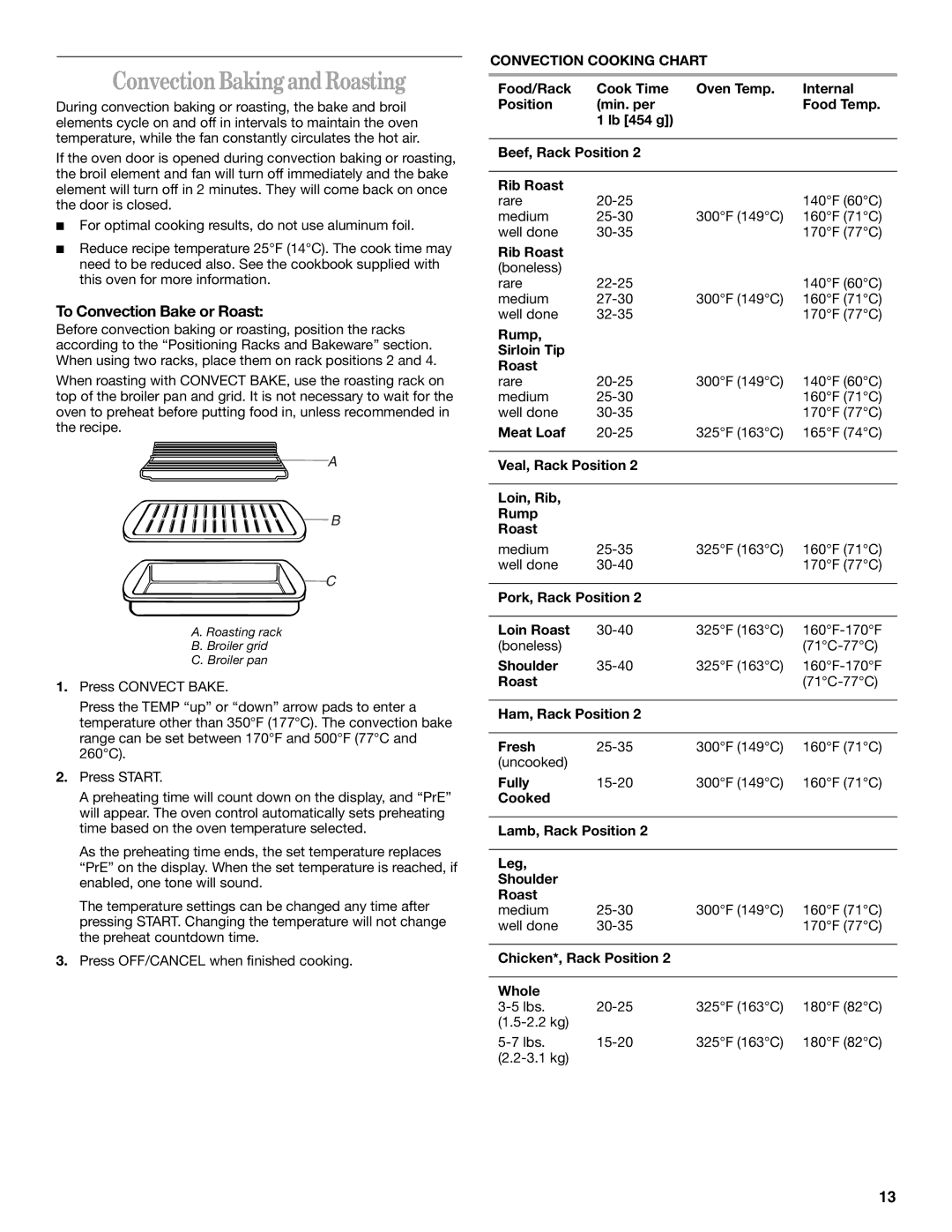 Whirlpool 9757454 manual ConvectionBaking andRoasting, To Convection Bake or Roast, Convection Cooking Chart 