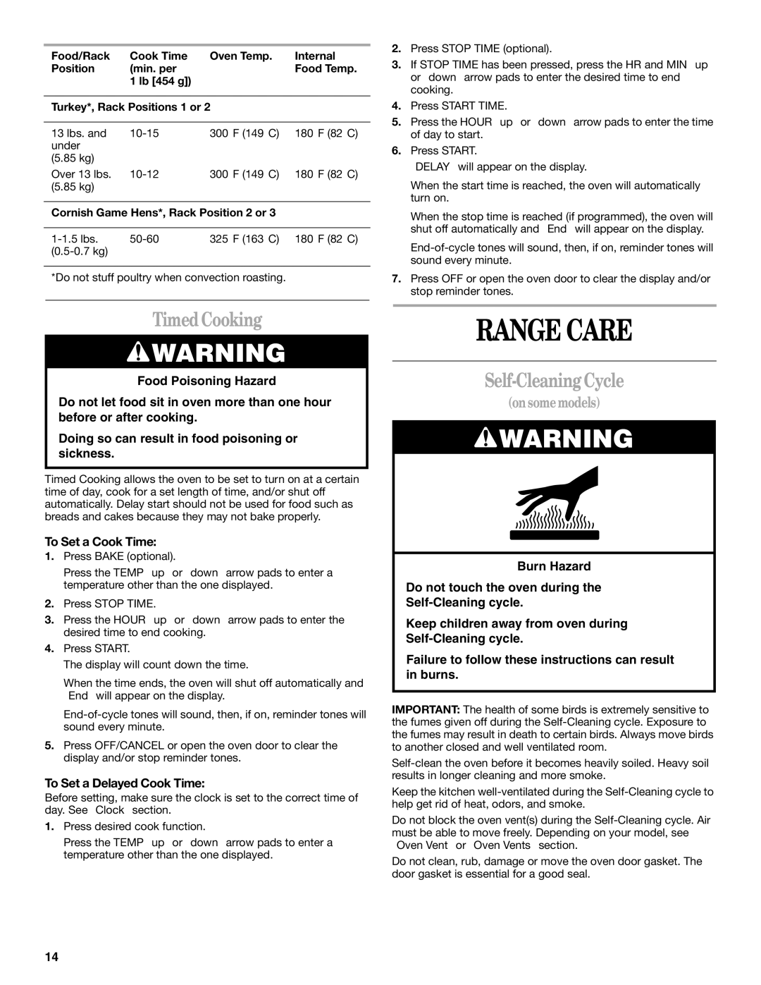 Whirlpool 9757454 manual Range Care, TimedCooking, Self-CleaningCycle, To Set a Cook Time, To Set a Delayed Cook Time 