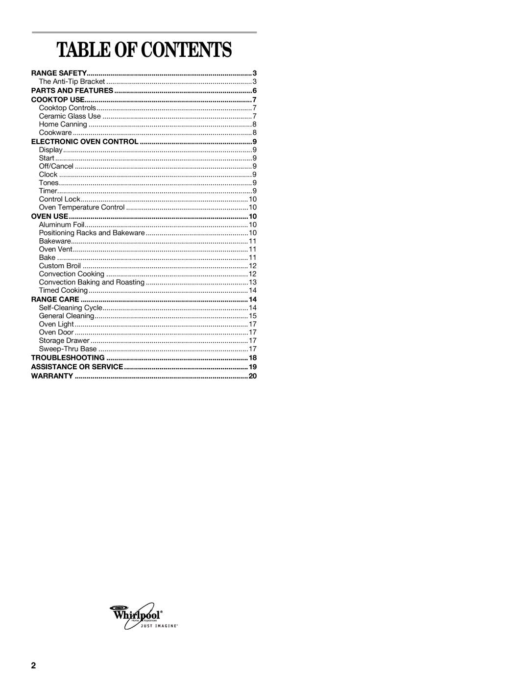 Whirlpool 9757454 manual Table of Contents 