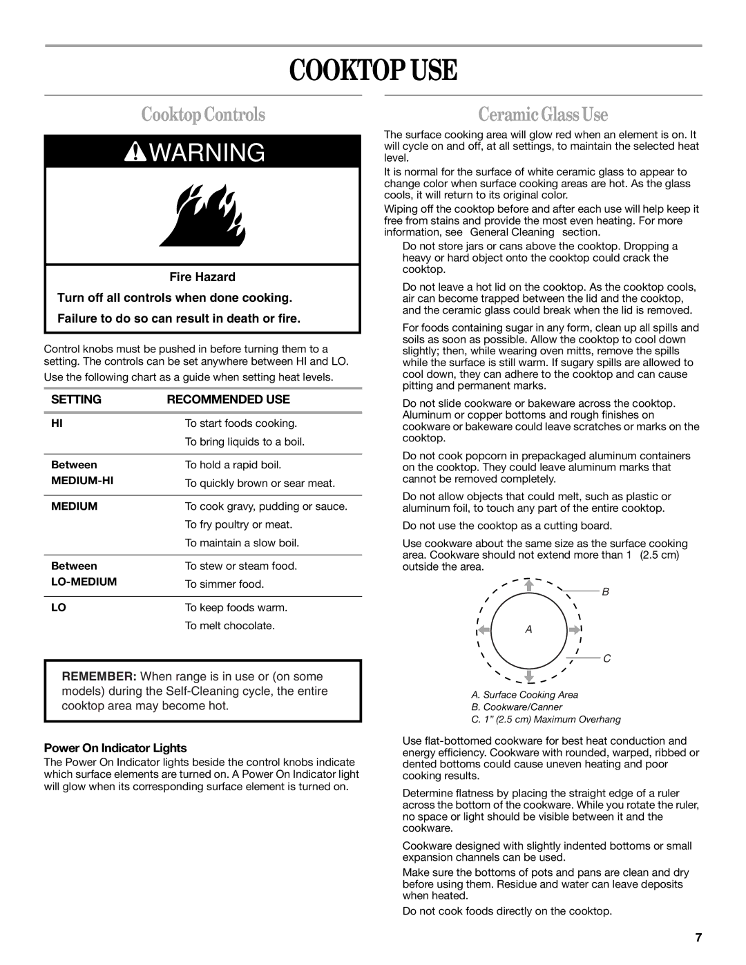 Whirlpool 9757454 manual Cooktop USE, CooktopControls, CeramicGlassUse, Setting Recommended USE, Power On Indicator Lights 