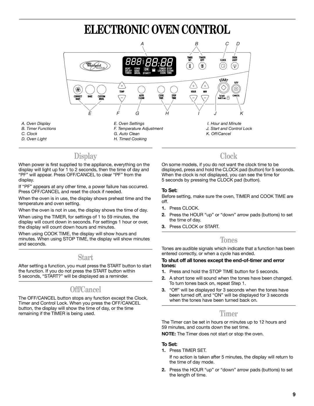 Whirlpool 9757454 manual Electronic Oven Control, Start, Off/Cancel, Tones, Timer 