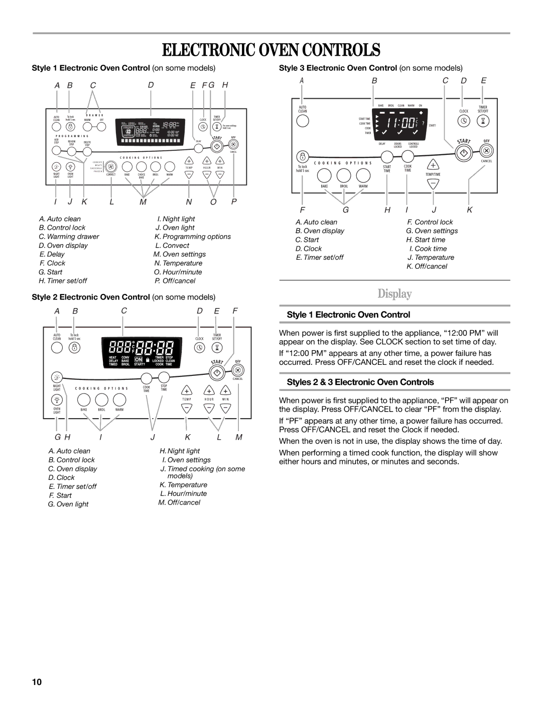 Whirlpool 9758899 manual Electronic Oven Controls, Display, Style 1 Electronic Oven Control 