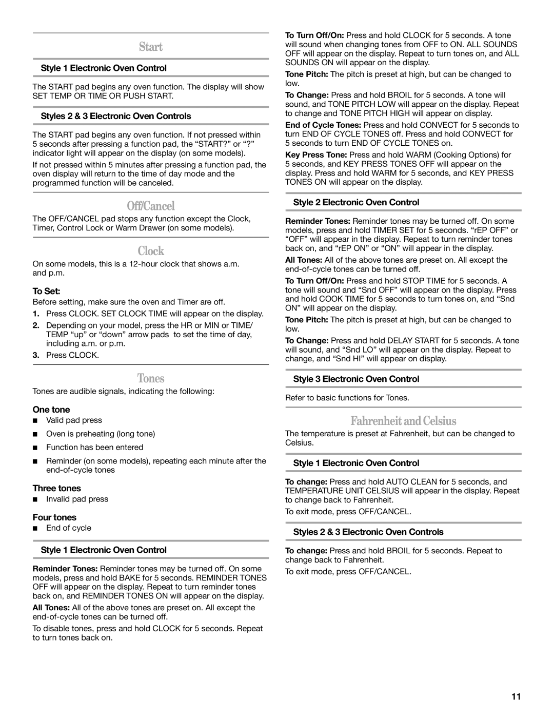 Whirlpool 9758899 manual Start, Off/Cancel, Clock, Tones, FahrenheitandCelsius 