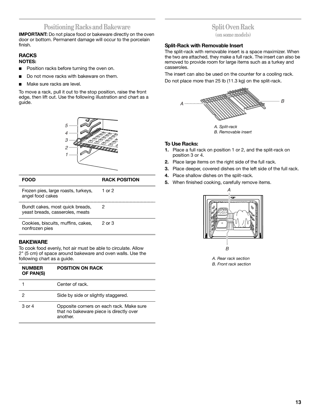 Whirlpool 9758899 manual Positioning RacksandBakeware, SplitOven Rack 