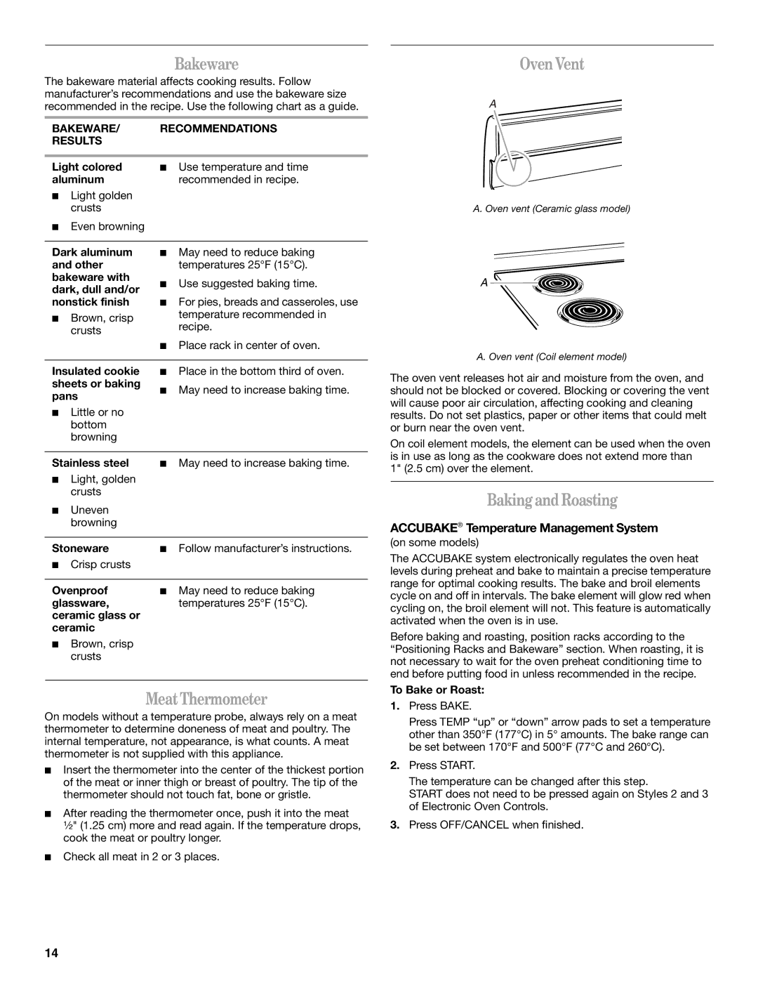 Whirlpool 9758899 manual Bakeware, Oven Vent, MeatThermometer, BakingandRoasting, Accubake Temperature Management System 