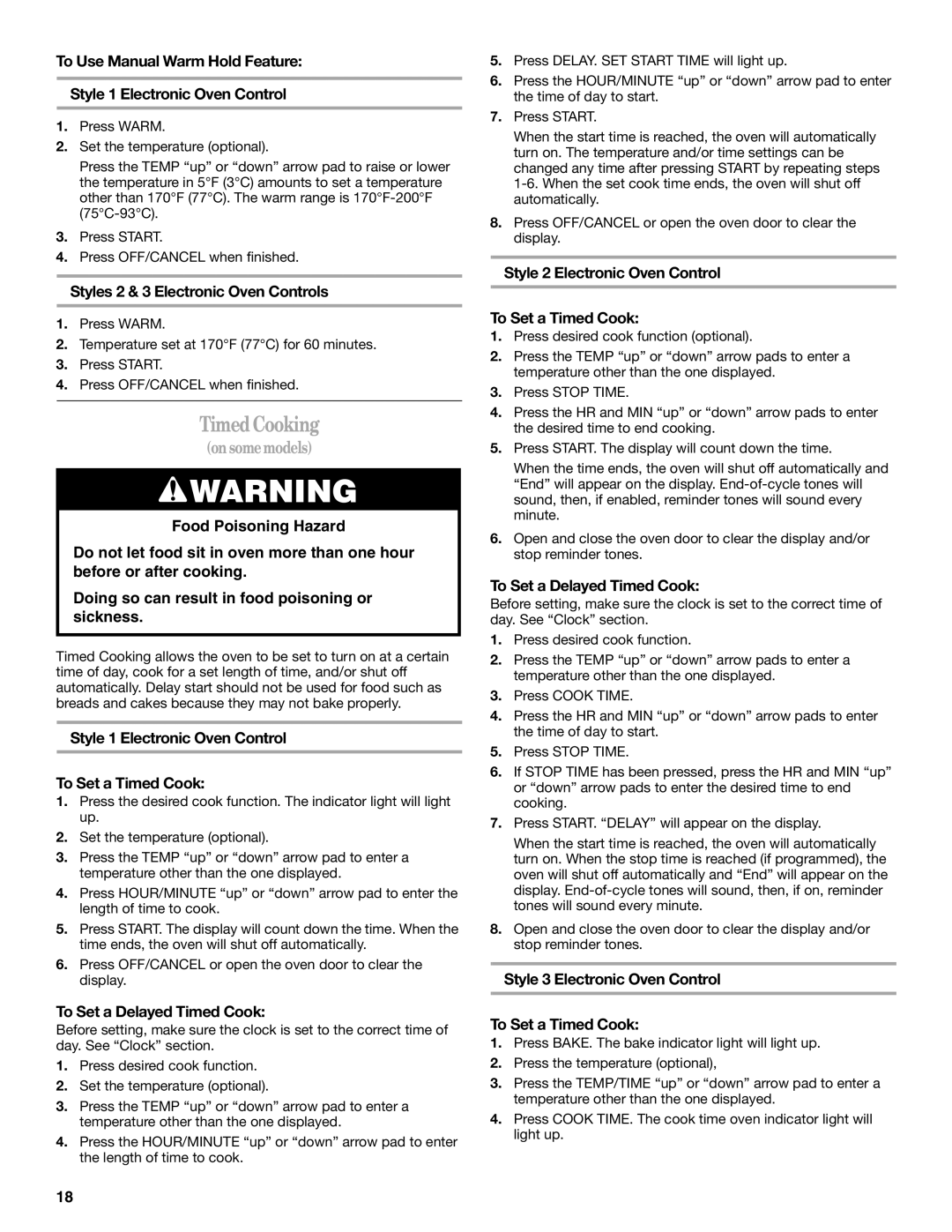 Whirlpool 9758899 manual TimedCooking, Style 1 Electronic Oven Control To Set a Timed Cook, To Set a Delayed Timed Cook 