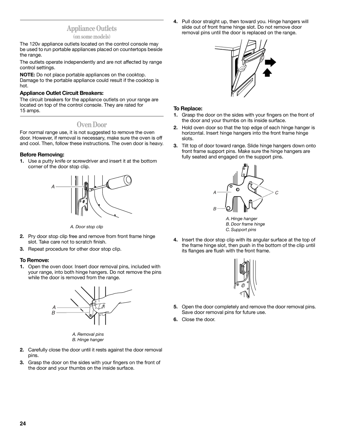 Whirlpool 9758899 manual ApplianceOutlets, Oven Door, Appliance Outlet Circuit Breakers, Before Removing 