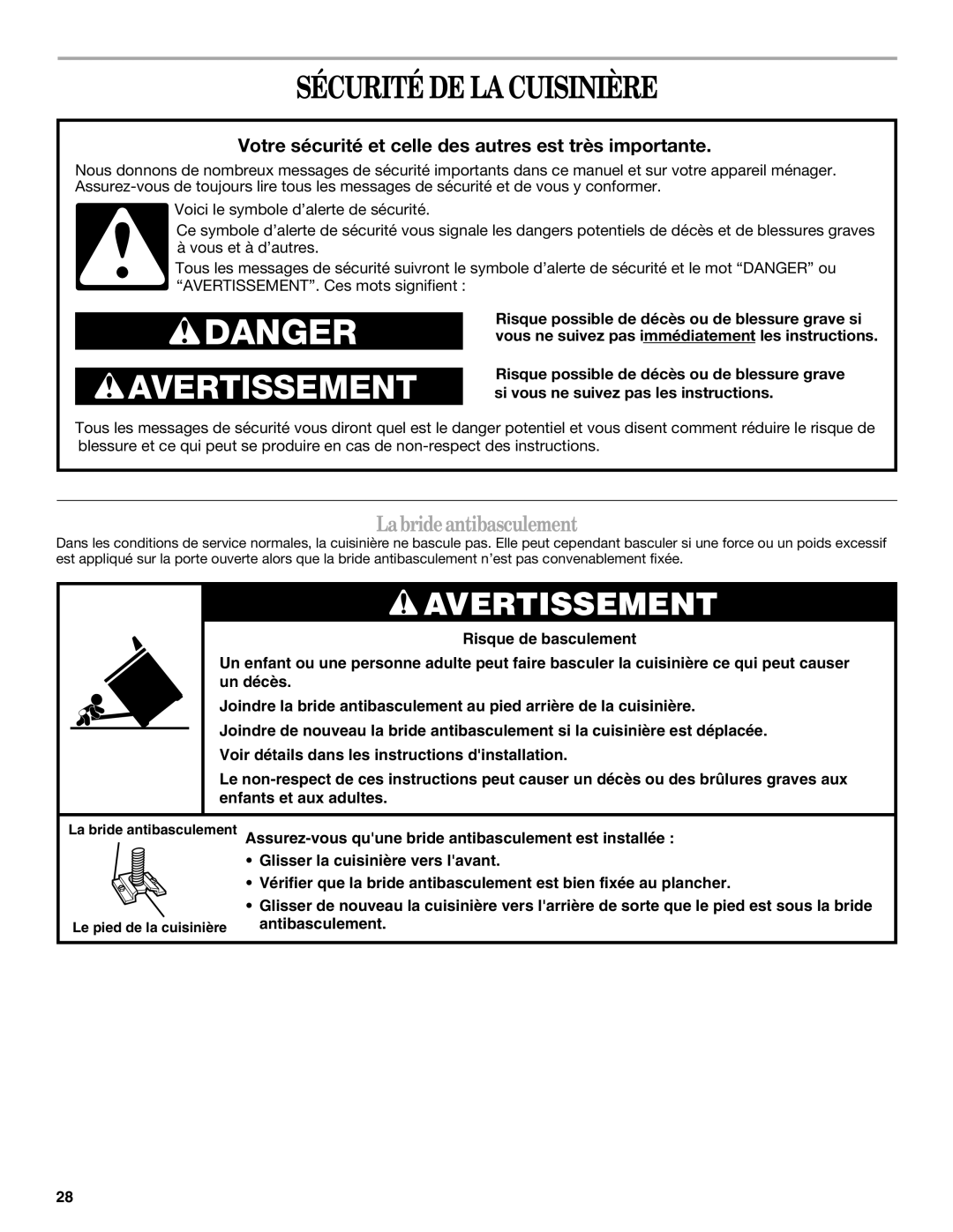 Whirlpool 9758899 manual Sécurité DE LA Cuisinière, Labrideantibasculement 