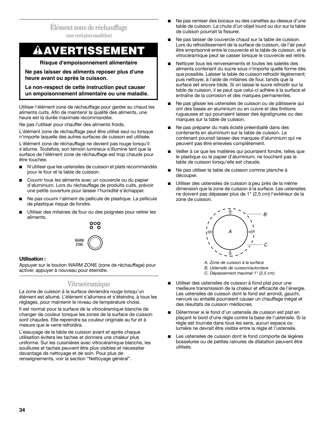 Whirlpool 9758899 manual Élémentzonederéchauffage, Vitrocéramique, Utilisation 