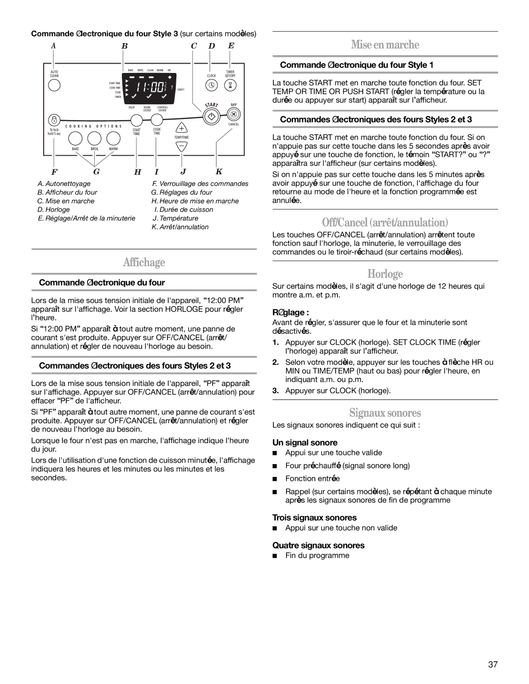 Whirlpool 9758899 manual Miseen marche, Affichage, Off/Cancelarrêt/annulation, Horloge, Signaux sonores 