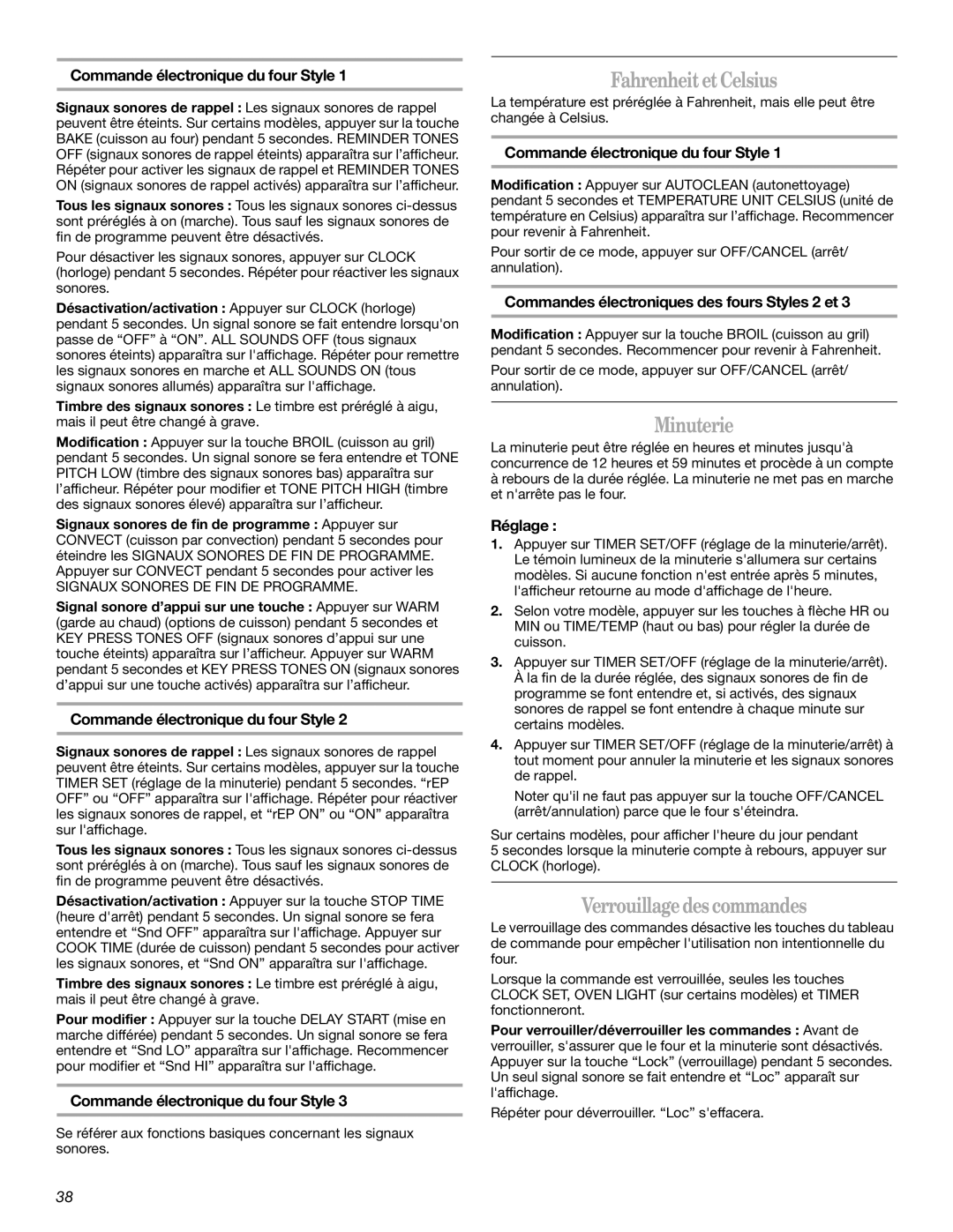 Whirlpool 9758899 manual FahrenheitetCelsius, Minuterie, Verrouillagedes commandes 