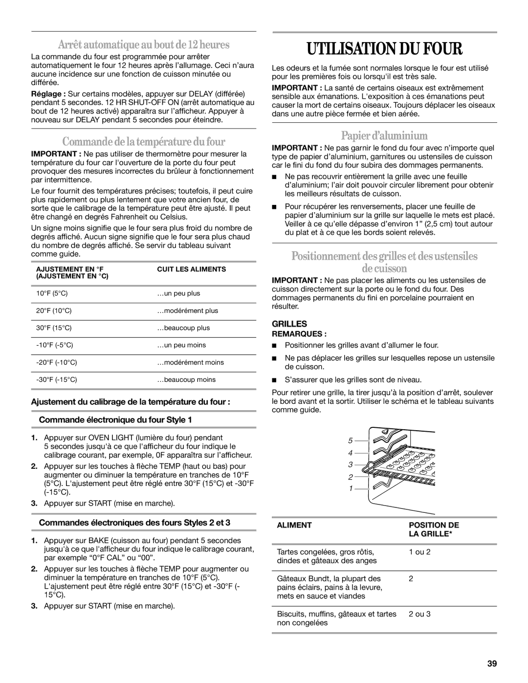 Whirlpool 9758899 Utilisation DU Four, Arrêtautomatiqueauboutde12heures, Commandedelatempératuredu four, Papierd’aluminium 