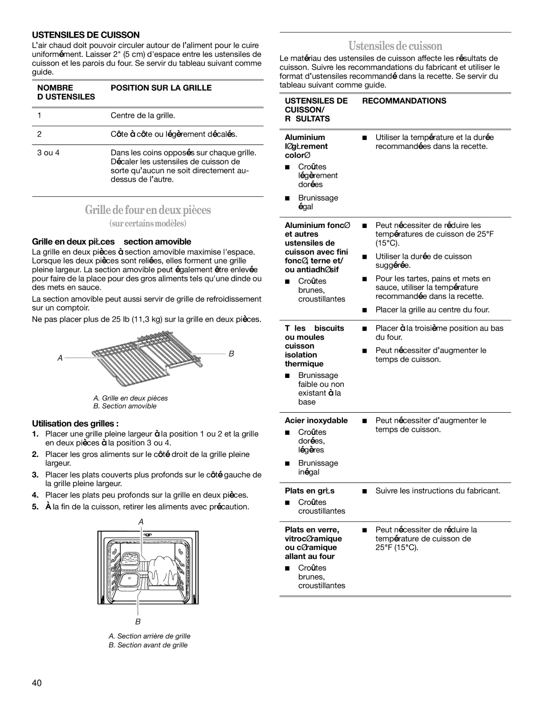 Whirlpool 9758899 manual Grilledefourendeuxpièces, Ustensiles DE Cuisson, Grille en deux pièces à section amovible 