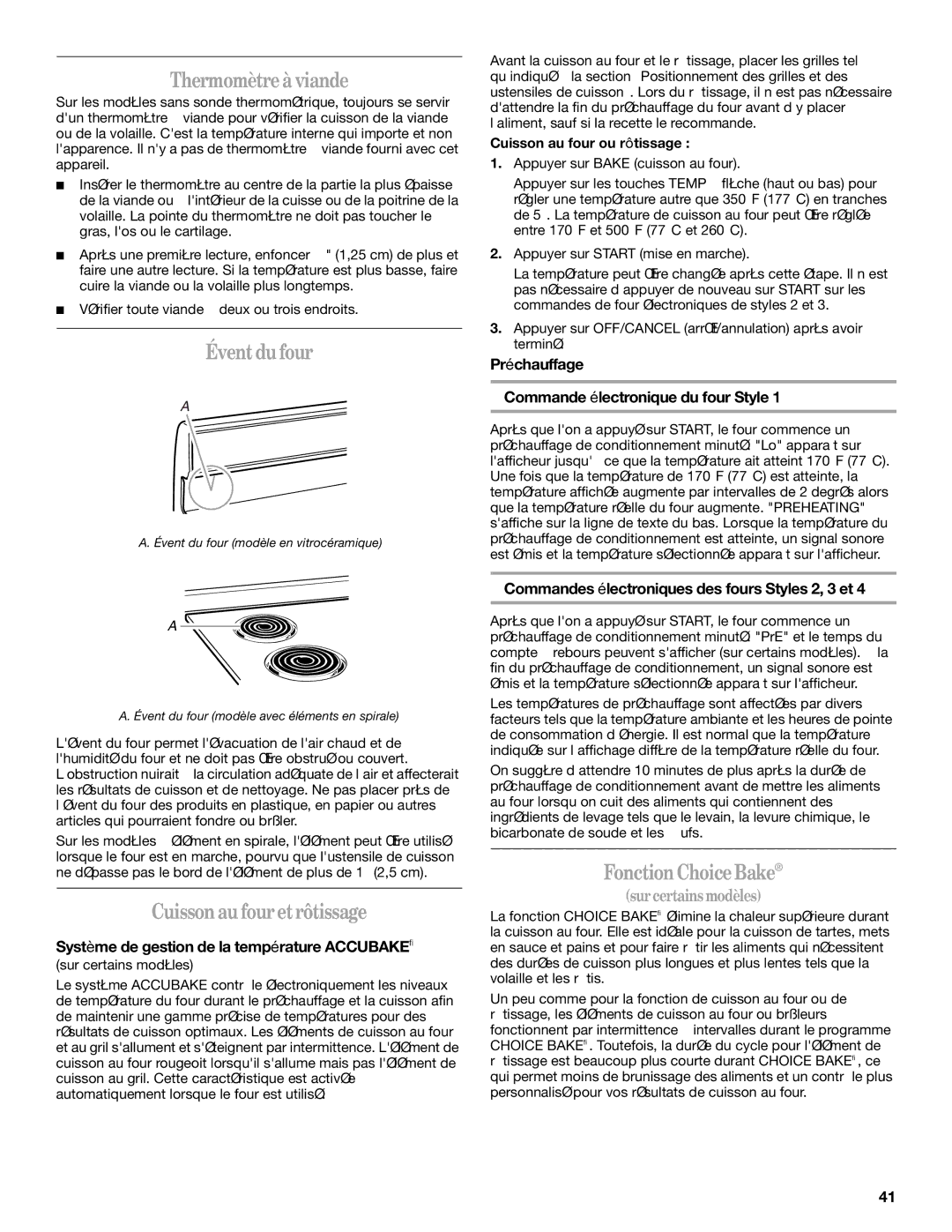 Whirlpool 9758899 manual Thermomètreà viande, Éventdu four, Cuisson au fouretrôtissage, Fonction ChoiceBake 