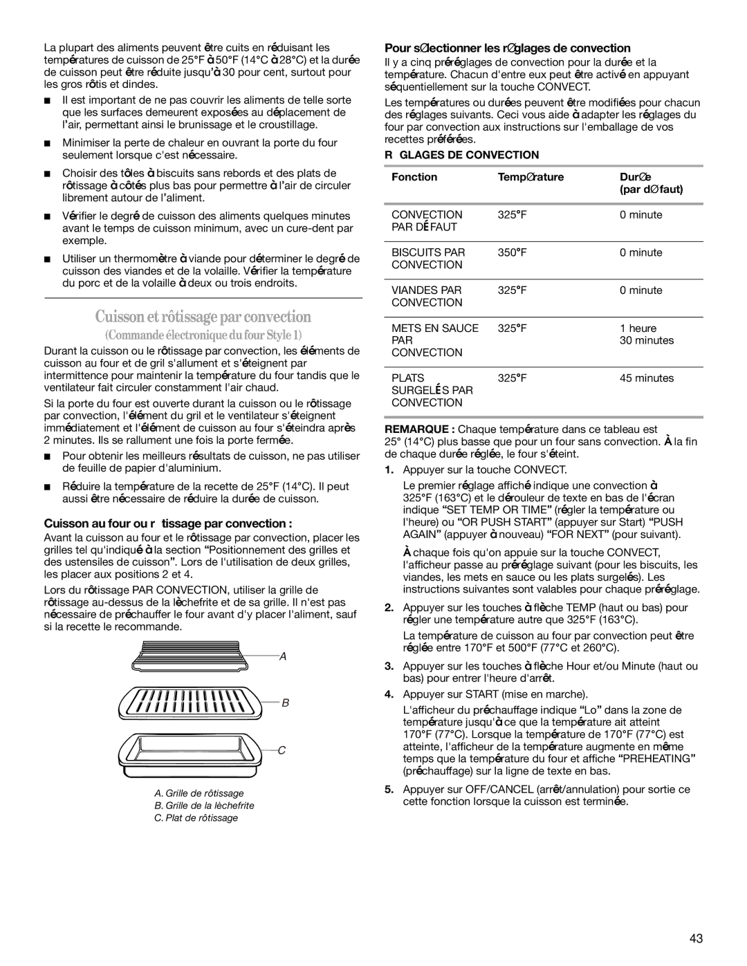 Whirlpool 9758899 Cuissonetrôtissageparconvection, Cuisson au four ou rôtissage par convection, Réglages DE Convection 