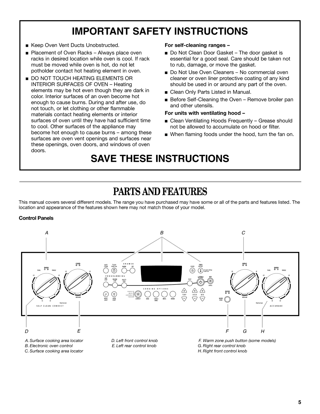 Whirlpool 9758899 manual Parts and Features, For self-cleaning ranges, For units with ventilating hood, Control Panels 