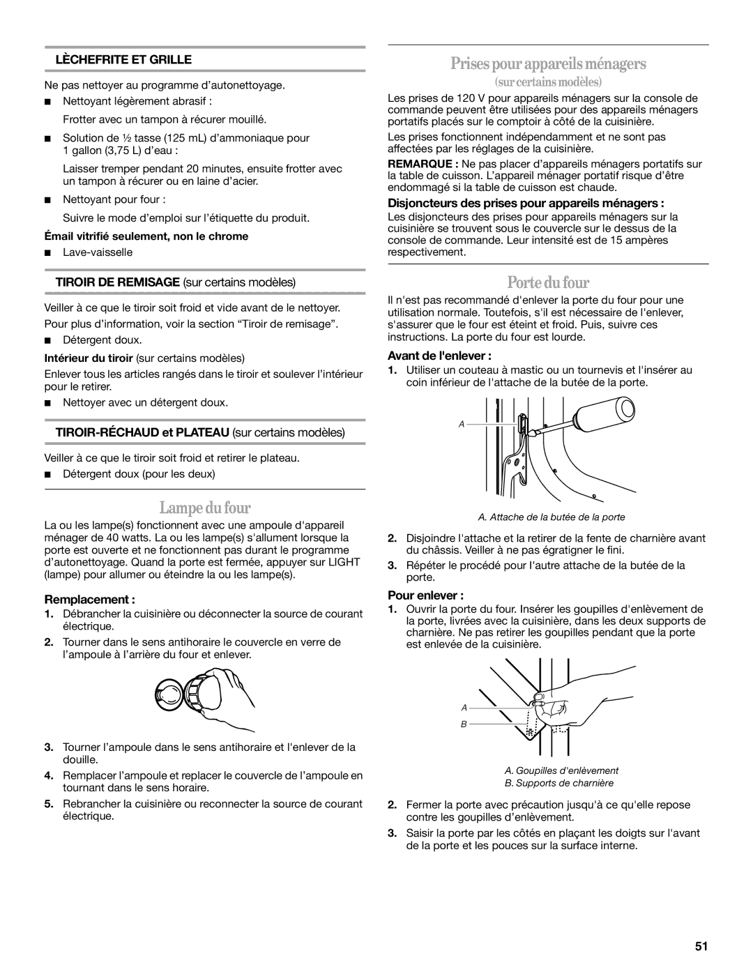 Whirlpool 9758899 manual Prises pourappareils ménagers, Lampedu four, Portedu four, Lèchefrite ET Grille 