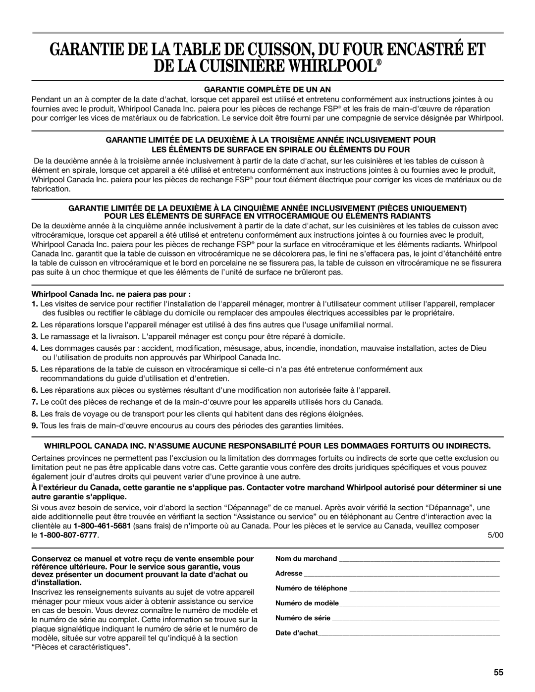 Whirlpool 9758899 manual DE LA Cuisinière Whirlpool, Garantie Complète DE UN AN, Whirlpool Canada Inc. ne paiera pas pour 