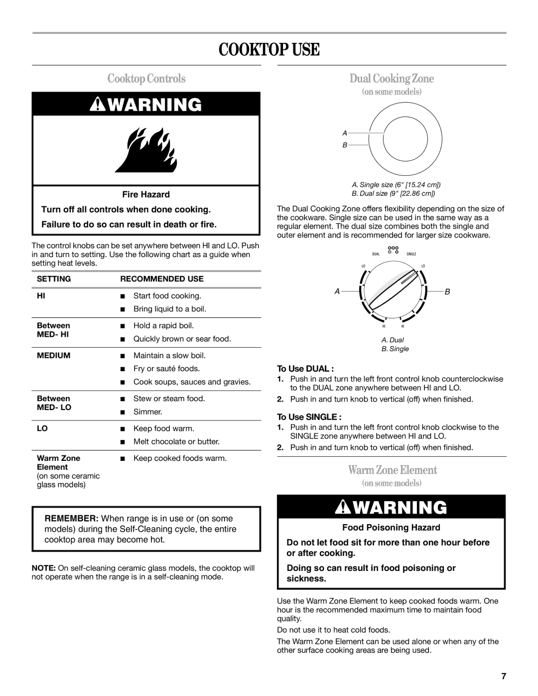 Whirlpool 9758899 manual Cooktop USE, CooktopControls, Dual CookingZone, WarmZoneElement 