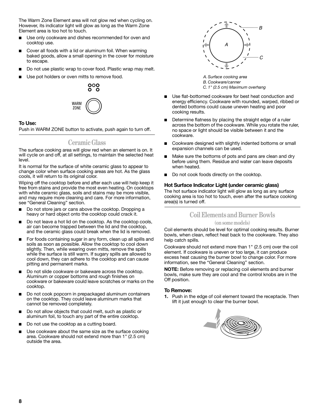 Whirlpool 9758899 CeramicGlass, Coil ElementsandBurner Bowls, To Use, Hot Surface Indicator Light under ceramic glass 