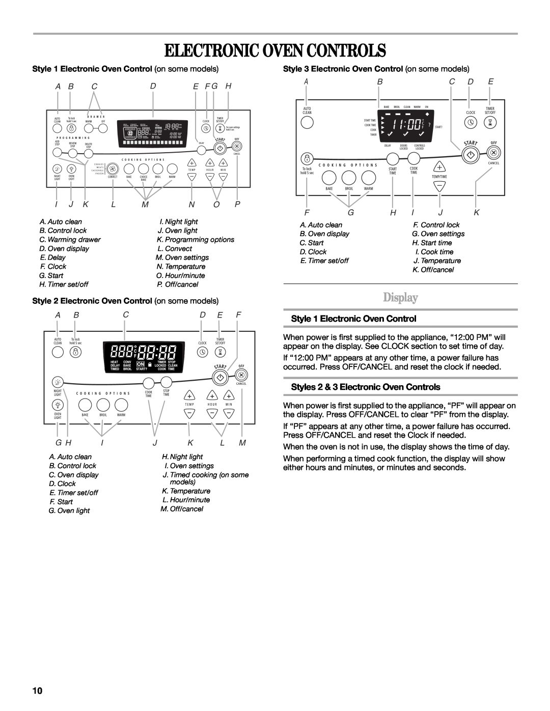 Whirlpool 9758899 Electronic Oven Controls, Display, Style 1 Electronic Oven Control, I J K, A Bcd E F, Abc D E, J K L M 