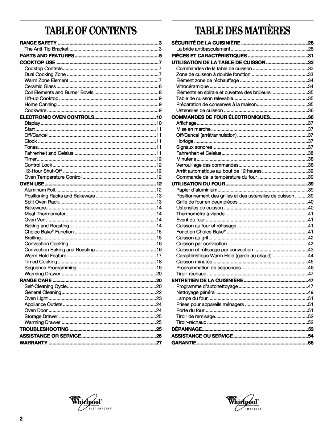 Whirlpool 9758899 manual Table Of Contents, Table Des Matières 