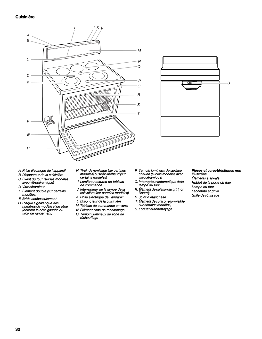 Whirlpool 9758899 manual Cuisinière, A B C D, Ij K L M N O, P Q R S T, Pièces et caractéristiques non illustrées 
