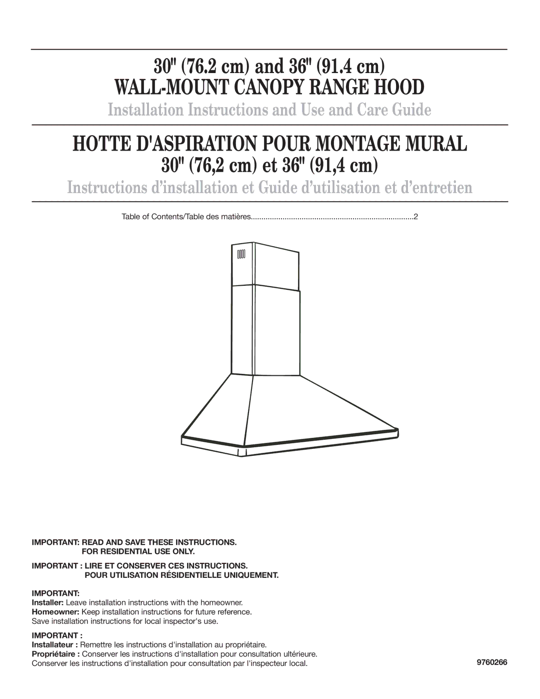 Whirlpool 9760266 installation instructions WALL-MOUNT Canopy Range Hood 