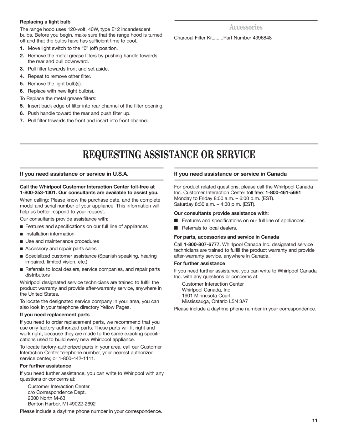 Whirlpool 9760266 installation instructions Requesting Assistance or Service, Accessories 