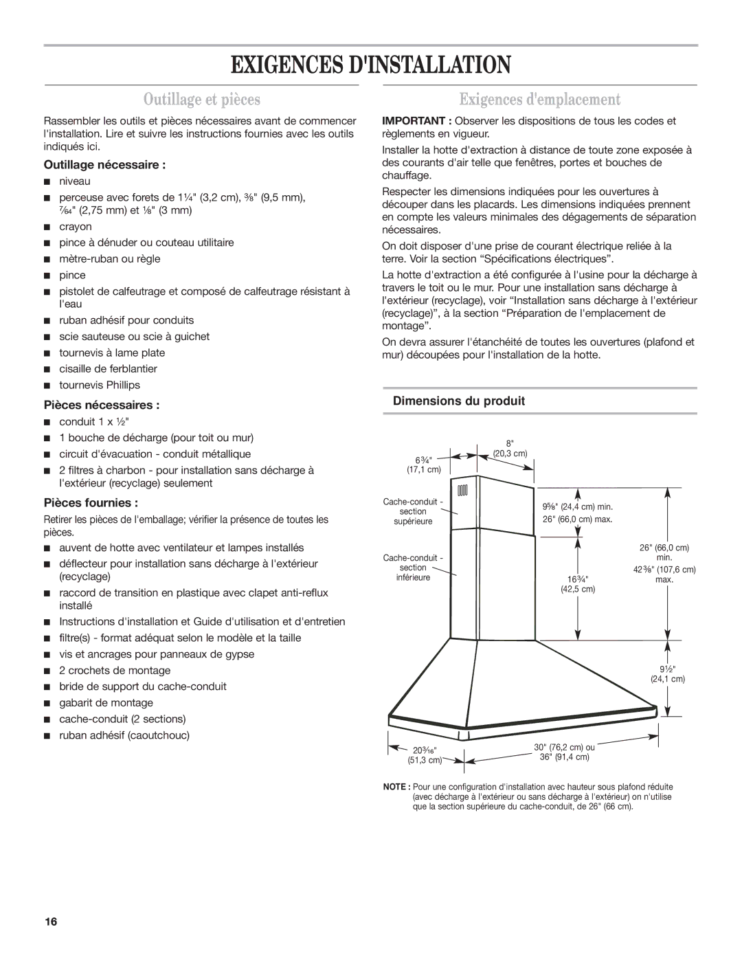 Whirlpool 9760266 Exigences Dinstallation, Outillage et pièces, Exigences demplacement, Dimensions du produit 