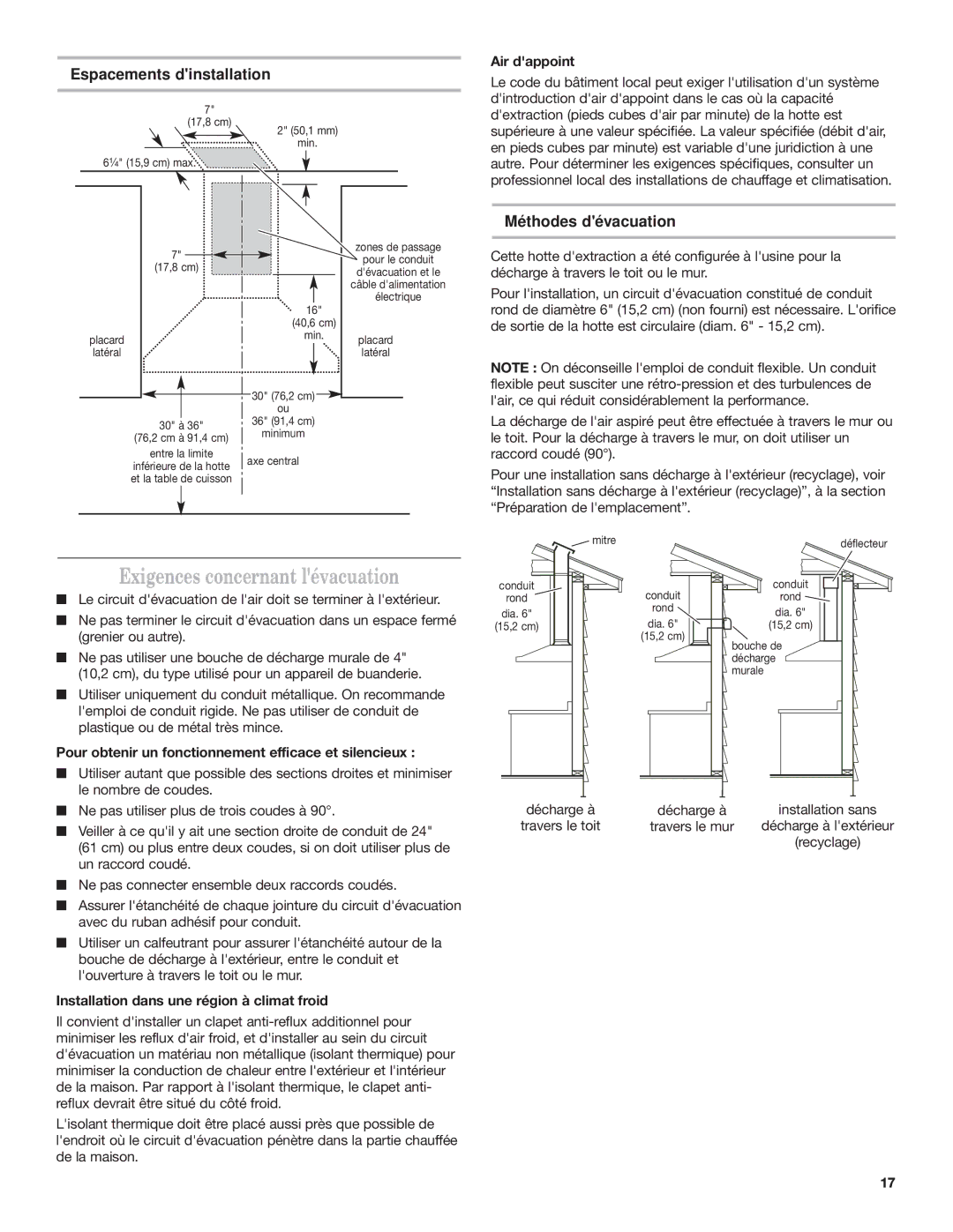 Whirlpool 9760266 Exigences concernant lévacuation, Espacements dinstallation, Méthodes dévacuation 