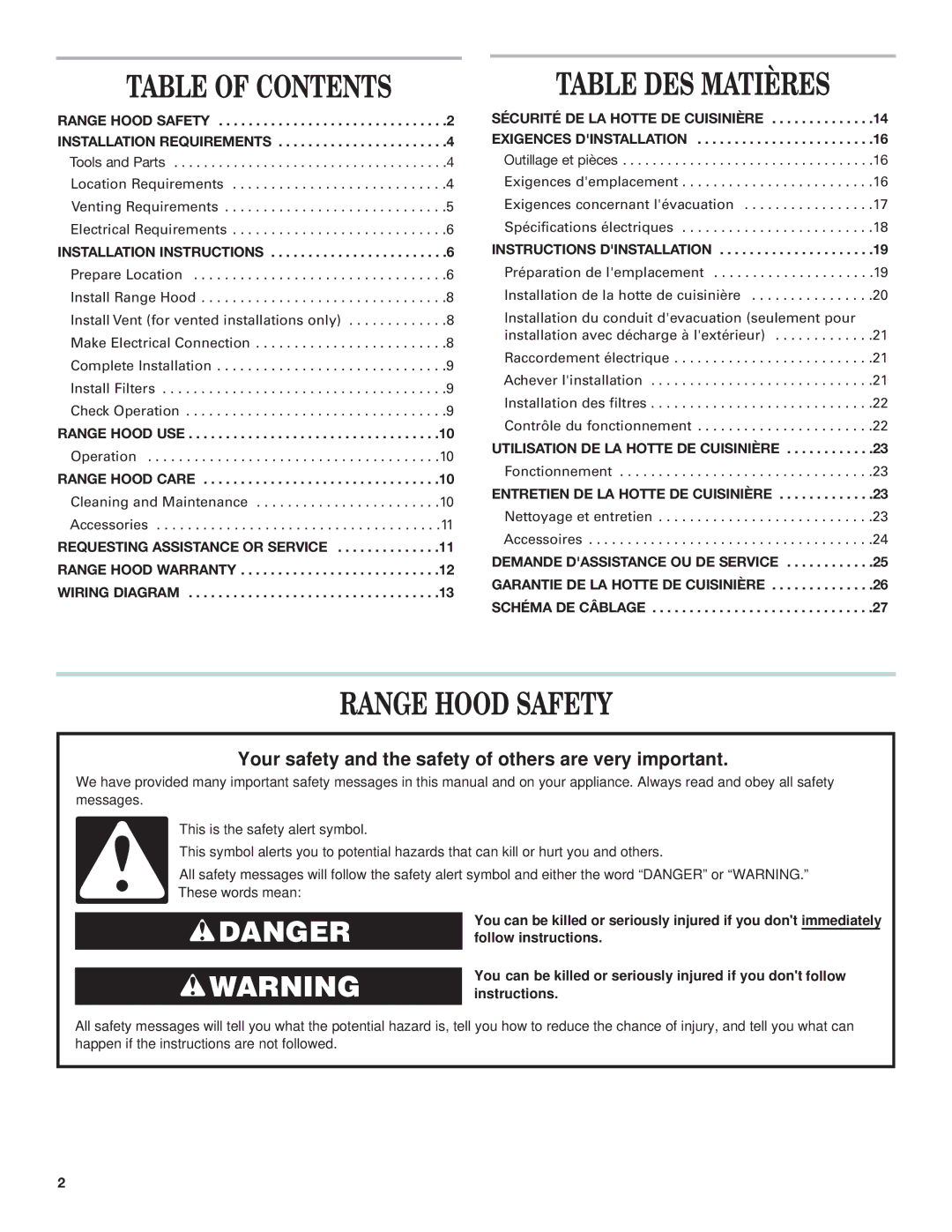 Whirlpool 9760266 installation instructions Table of Contents, Table DES Matières, Range Hood Safety 