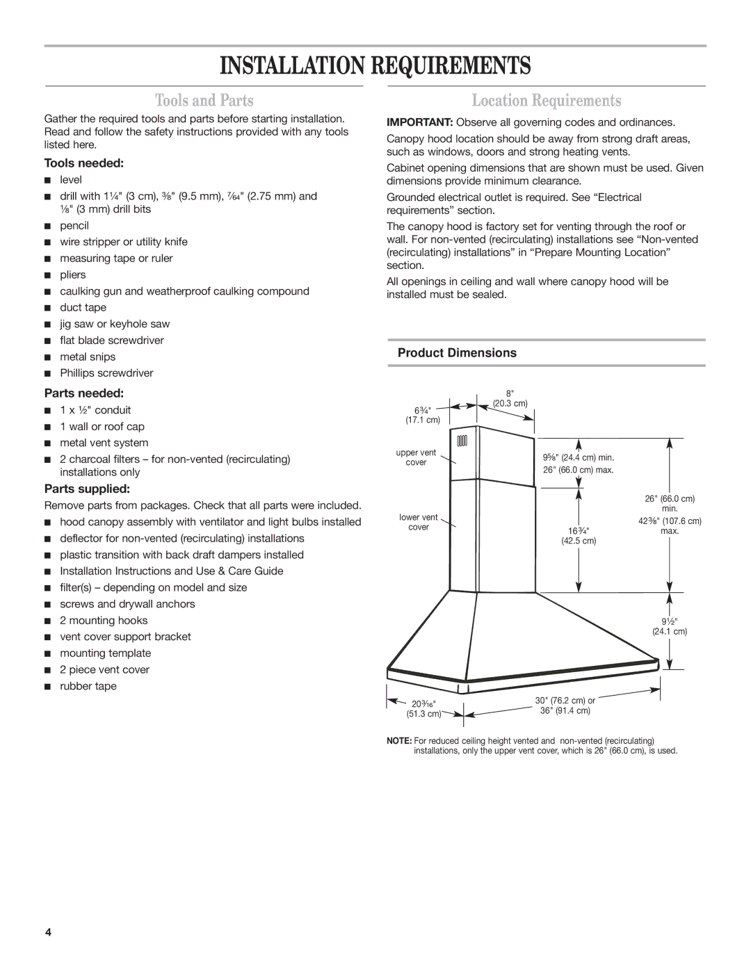 Whirlpool 9760266 Installation Requirements, Tools and Parts, Location Requirements, Product Dimensions Parts needed 