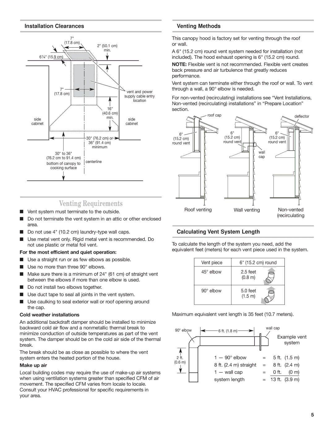 Whirlpool 9760266 Venting Requirements, Installation Clearances, Venting Methods, Calculating Vent System Length 