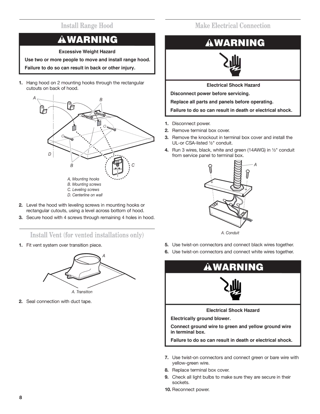 Whirlpool 9760266 Install Range Hood, Install Vent for vented installations only, Make Electrical Connection 